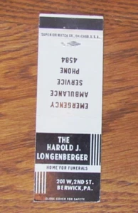 FUNDA DE LIBRO DE CERILLAS PARA FUNERARIAS HAROLD LONGENBERGER: BERWICK, PA MATCHCOVER -C10 - Imagen 1 de 1