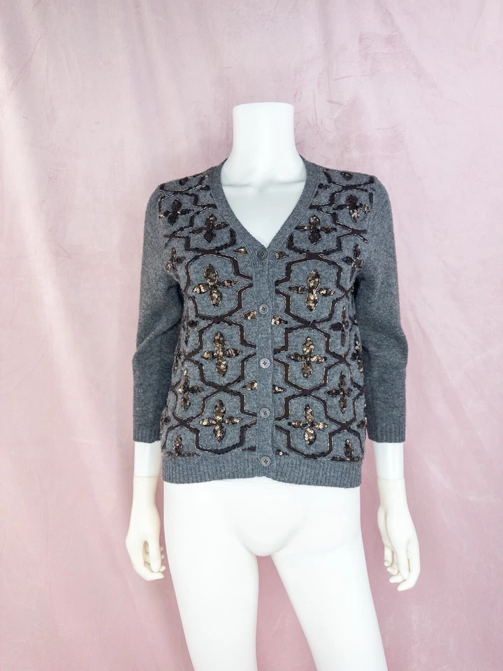 Cárdigan Samantha Sung para mujer gris lana seda floral con cuentas talla US 4 pequeño Foto 1 de 4