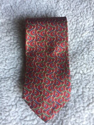 Rooster Men's Neck Tie Red Blue Green Gold Chain Pattern All Silk Handmade Short - Imagem 1 de 4