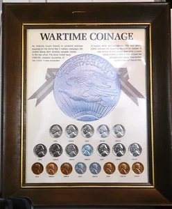 Framed "Wartime Coinage": 11 Silver WW 2 Nickels. 3 Steel cents, 6 Copper cents - Picture 1 of 2