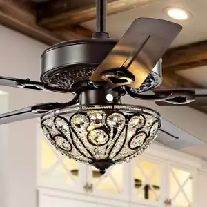 JONATHAN Y Crystal LED Ceiling Fan 48" 3-Light Dimmable Remote Oil Rubbed Bronze - Picture 1 of 11