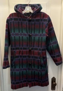 Vintage LL Bean Womens M Wool Plaid L Hooded USA Duffle Coat Hombre Southwestern - Picture 1 of 10