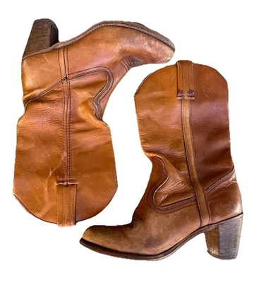 Vintage Dexter Women’s 8.5 Brown Leather Western Boots 70s USA Made Stacked Heel - Image 1 of 4