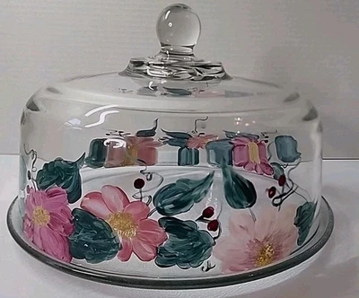 Prato de bolo floral pintado à mão com tampa de cúpula de vidro em excelente estado usado  - Imagem 1 de 4
