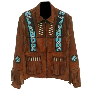 Men Western Cowboy Suede Fringe Jacket Beaded Native American Leather Jacket - Picture 1 of 3