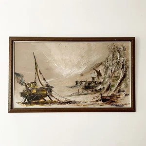 Pintura al óleo original vintage de paisaje marino de barcos encallados por Bill Hawkes - - Imagen 1 de 9