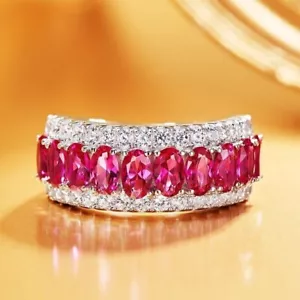 3 Ct Oval Simulated Diamond Pink Ruby Engagement Band Ring 14K White Gold Plated - Picture 1 of 6