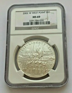 2002 W SILVER WEST POINT MILITARY ACADEMY BICENTENNIAL NGC MS 69 SILVER COIN - Picture 1 of 4