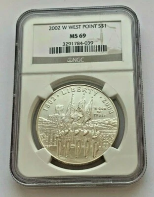 2002 W SILVER WEST POINT MILITARY ACADEMY BICENTENNIAL NGC MS 69 SILVER COIN - Image 1 of 4