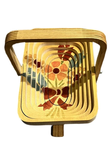 Vintage Collapsible Accordion Wood Folding Fruit Basket Bowl Hand Painted Signed Cover