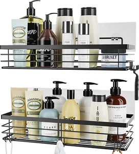 Shower Caddy with 5 Hooks for Hanging Razor and Sponge Adhesive Shower Shelf Bas - Picture 1 of 12