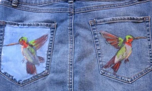 Rewash Jean Skirt  Hand-painted Hummingbirds Distressed Upcycled Blue Denim  9 - Picture 1 of 12