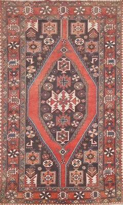 Vintage Tribal Hamedan Geometric Area Rug 4'x7' Wool Hand-knotted Nomad Carpet - Image 1 of 4