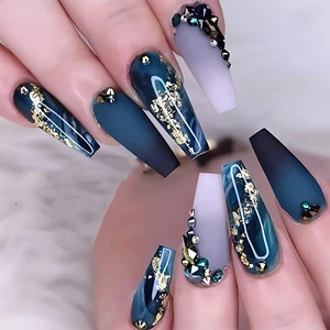 Long Press Coffin Fake Nails French Marble with Glitter Rhinestones Glue on Matt - Picture 1 of 12