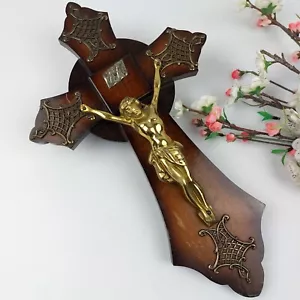 Vintage Art Deco Messing & Holz Kruzifix - verziertes religiöses Wandkreuz - katholisch - Bild 1 von 10
