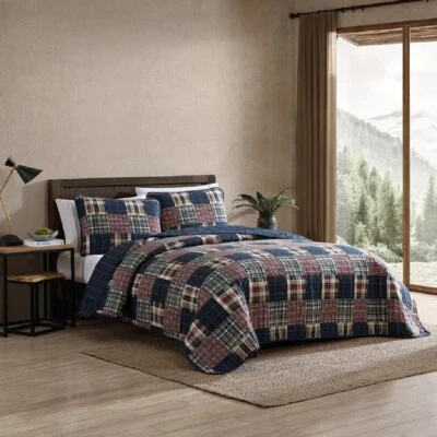 Juego de Edredón King Patchwork Rojo Azul Verde Reversible Algodón Cuadros Cubierta de Cama Lodge Foto 1 de 4