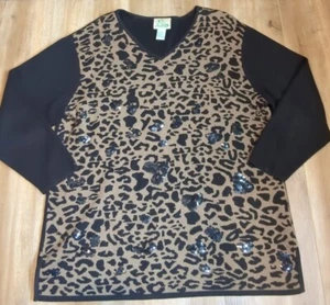 Suéter Top Lentejuelas Cuello en V Estampado Leopardo Quacker Factory Talla XL 1X De Colección Para Mujer - Imagen 1 de 8