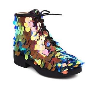 Womens Block Heel Sequins Ankle Boots Round Toe Lace Up Fashion Casual Shoes