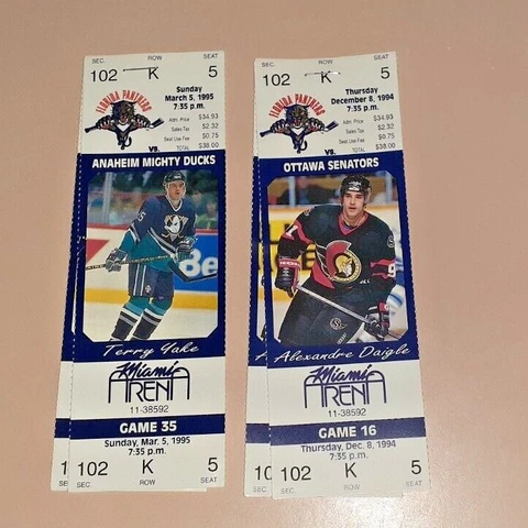 1994-5 FLORIDA PANTHERS vs SENATORS & MIGHTY DUCKS 1 PAIR EACH GAME 03/05 12/08 Cover