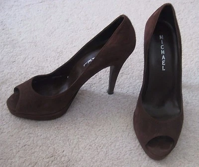 Michael Hi Heel 性感棕色皮革露趾厚底高跟鞋 * Sz 7.5 — 第 1/4 张图片