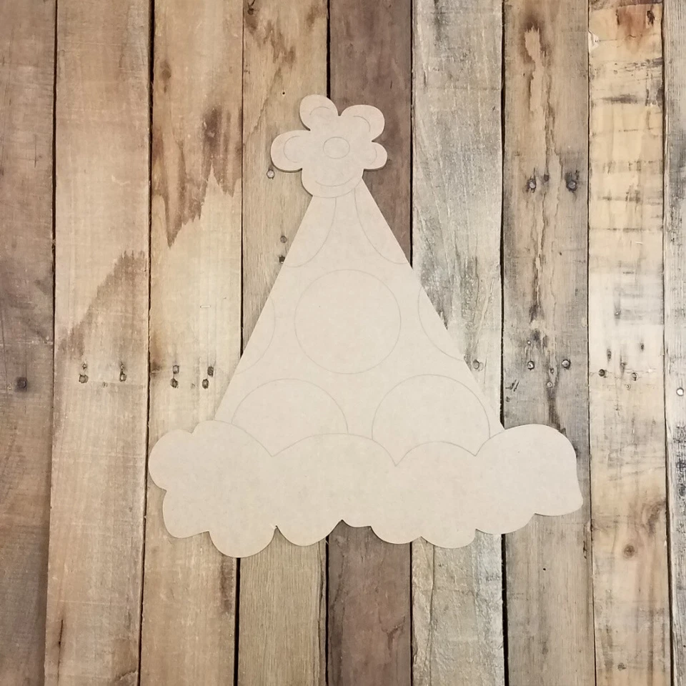 Party Hat, Unfinished Wood Cutout, DIY Art Craft, Engraved Paint by Line Shape - Image 1 of 1
