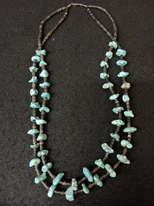 2 STRAND GREEN CHUNK TURQUOISE HEISHI BEADED NATIVE AMERICAN INDIAN NECKLACE - Picture 1 of 3