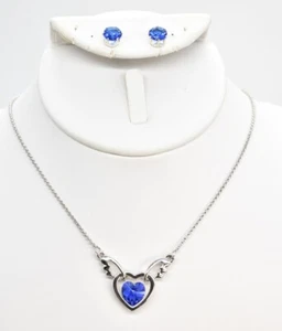18KRGP Deep Sapphire Blue Heart Crystal Pendant Chain Choker Necklace/Earrings - Picture 1 of 4