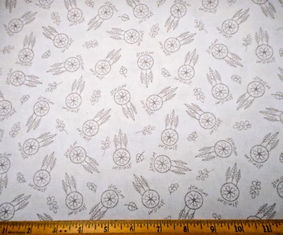 Southwest Fabric 7/8 Yard  Gray Dreamcatchers on White Premium Cotton #C - Image 1 of 2