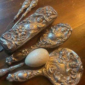 Beautiful  Art Nouveau Lady / STERLING SILVER Dresser Set 7  Pc - Picture 1 of 11