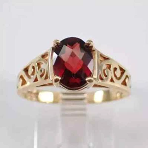 Solitaire Engagement Ring Oval Cut Simulated Red Garnet 14K Yellow Gold Finish - Picture 1 of 9