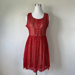 Blu Pepper Womans Juniors Dress L Red Sleeveless Lace Sheer Lined NWT - Picture 1 of 21