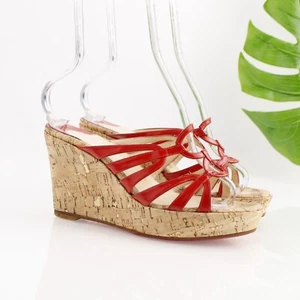Christian Louboutin Womens Sandal Size 39.5 9.5 Red Patent Slide Wedge Platform - Picture 1 of 21