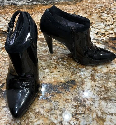 Calvin Klein Booties Shoes Heels Black Patent Leather Suede Trim 8.5 Poema - Image 1 of 4