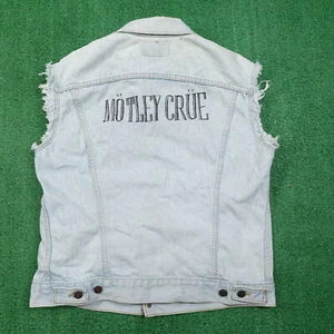 VINTAGE LEVI'S USA MADE MOTLEY CRUE DENIM JEAN BATTLE VEST WOMENS 14 21X22.5 - Picture 1 of 21