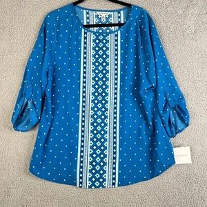 Croft & Barrow Tunic Blouse Womens XL Blue White Roll Tab Sleeves Round Neck - Picture 1 of 16