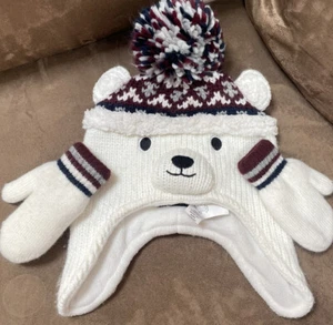 POLAR BEAR KIDS HAT & MITTENS 2T-3T POM POM SUPER CUTE!! - Picture 1 of 3