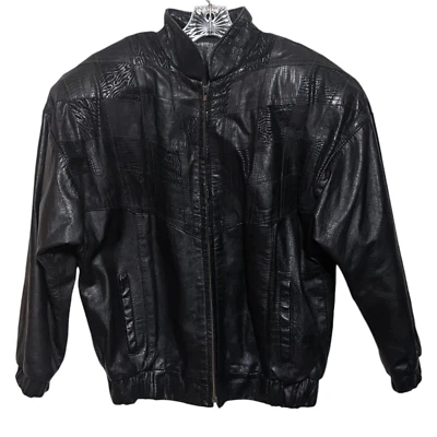 COMINT Chaqueta Bomber Vintage Años 80 Cuero Genuino Unisex M Negra Retazos Retro Foto 1 de 4
