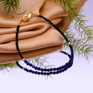 Lapis Lazuli & Black Spinel 2 Faceted Round Gemstone Beaded Women Bracelets 6-8" - Picture 1 of 10