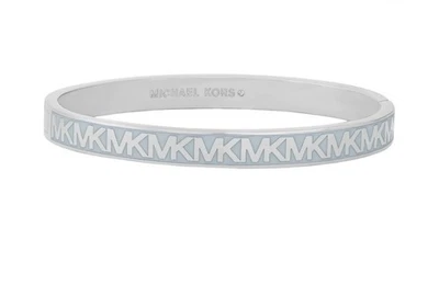 Michael Kors Logo Silver Tone Brass Blue Enamel MK Bangle Bracelet Women - New - Image 1 of 4