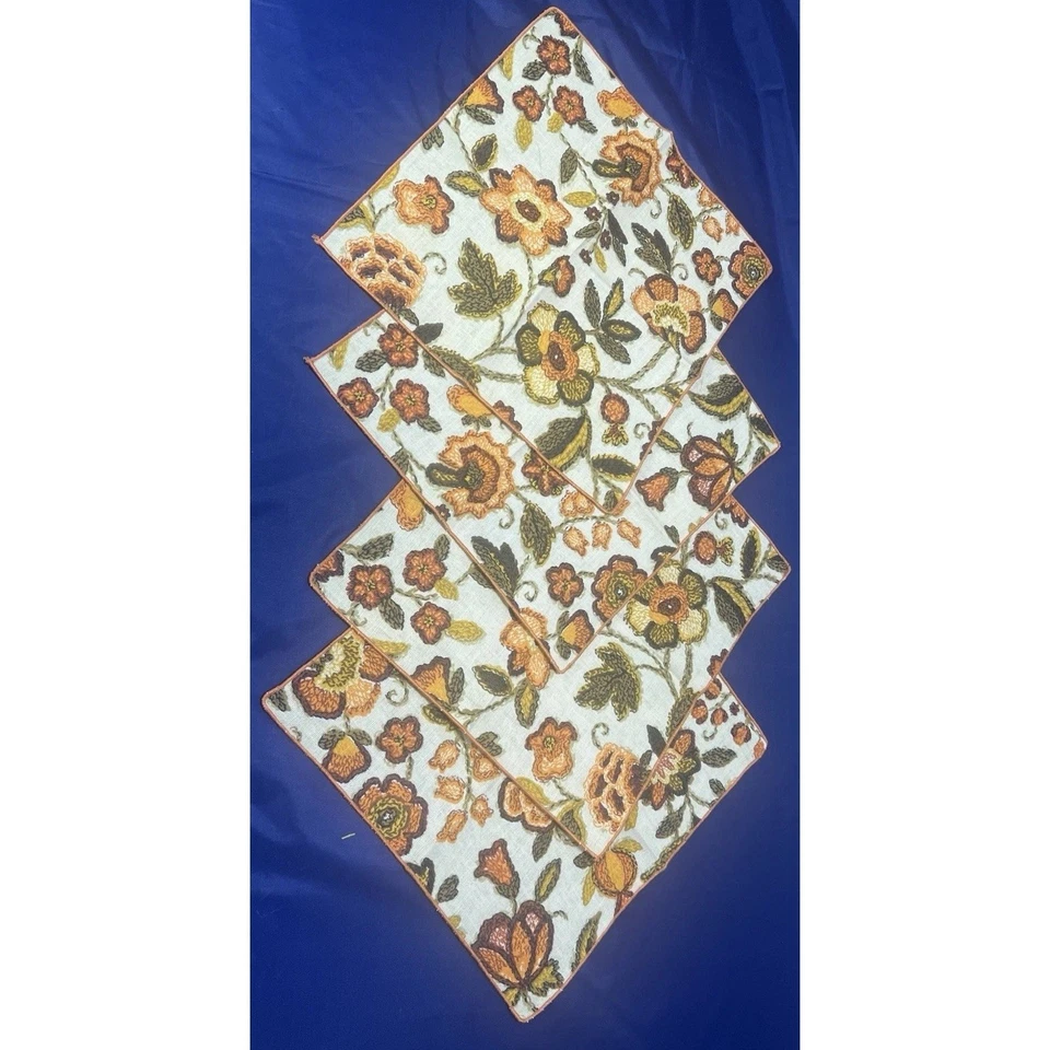 Vintage 60s Fabric Cloth Napkins Set 4 PC Folk Floral Brown Orange Table Decor - Image 1 of 4