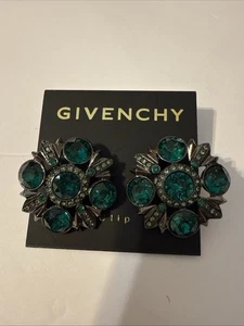 Givenchy Hematite-Tone Swarovski Emerald & Crystal Button Clip Earrings - Picture 1 of 9