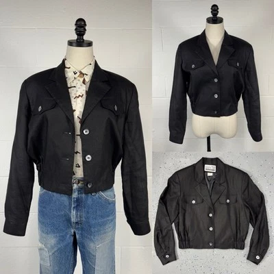 Vintage 90s Black Linen Utility Bomber Jacket Cropped Elastic Waist Minimalist 6 - Image 1 of 4