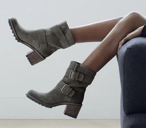 Sam Edelman Troy Moto Stiefel grau Wildleder Leder Schnallen Damengröße 8M EUC! - Bild 1 von 14