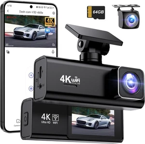 Dash Cam 4K + 1080P, WiFi Dash Cam Front and Rear, 64GB SD Card - Picture 1 of 8