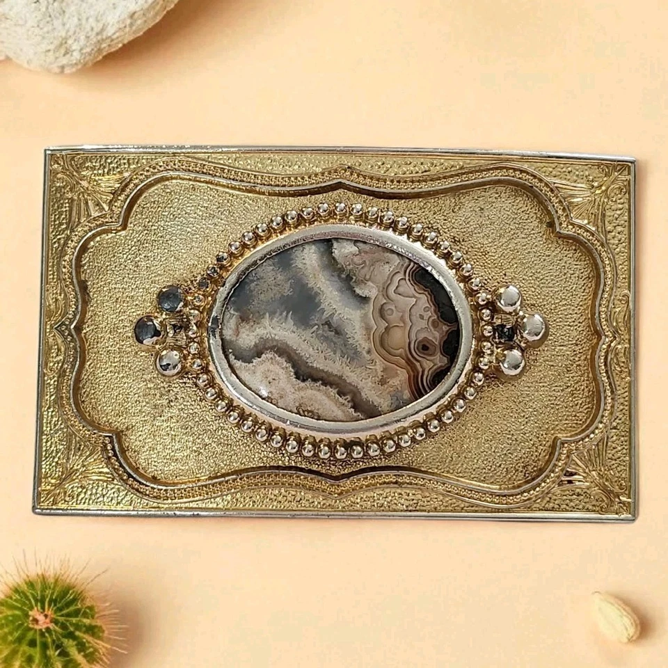 Cabujón de ágata de encaje loco hebilla estilo occidental de colección años 70 en tono dorado EC  Foto 1 de 4