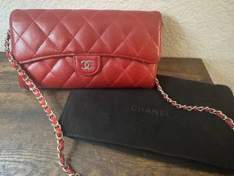 CHANEL - Red Caviar Leather Quilted Large Gusset Wallet On Chain W Dustbag & Box - Image 1 of 4