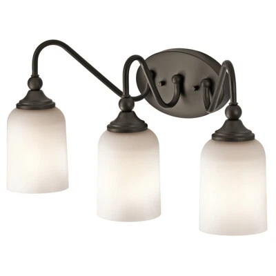 Antiguo accesorio de pared de baño de 3 luces de bronce y vidrio grabado satinado original $177 Foto 1 de 2