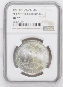 1991 BAHAMAS Silver 5 Dollar S$5 CHRISTOPHER COLUMBUS NGC MS 70 TOP POP - Picture 1 of 6