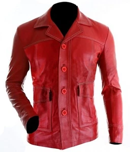 Mens Red Fight Club Casual Biker Tyler Durden Brad Pitt Blazer Leather Jacket - Picture 1 of 4