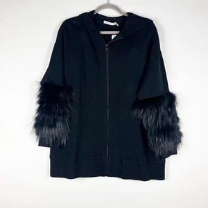 NEW Alice + Olivia Joey Wool Blend Stretch Knit Fox Fur Trim Hoodie Sweater M - Picture 1 of 4
